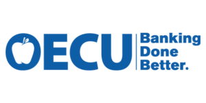 Blue and white company logo for OECU